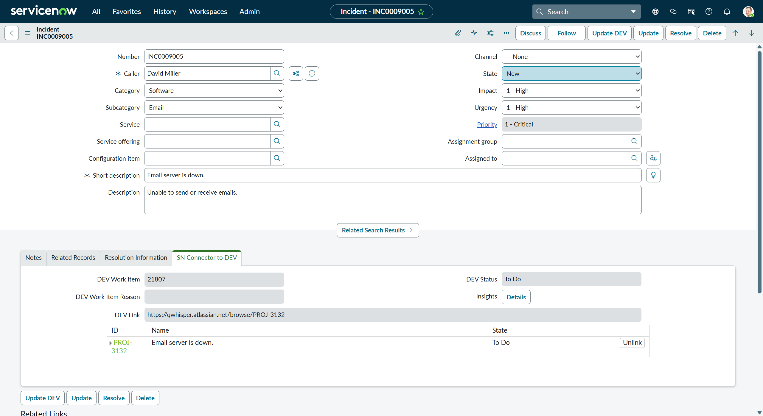 Linked Jira issue to ServiceNow Incident