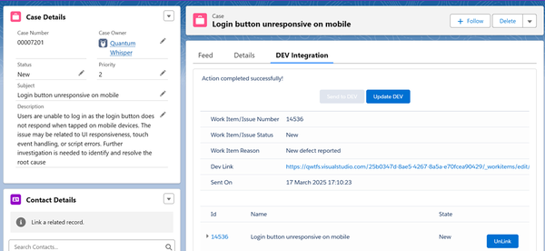 Escalated Salesforce Case to Azure DevOps from Quantum Whisper